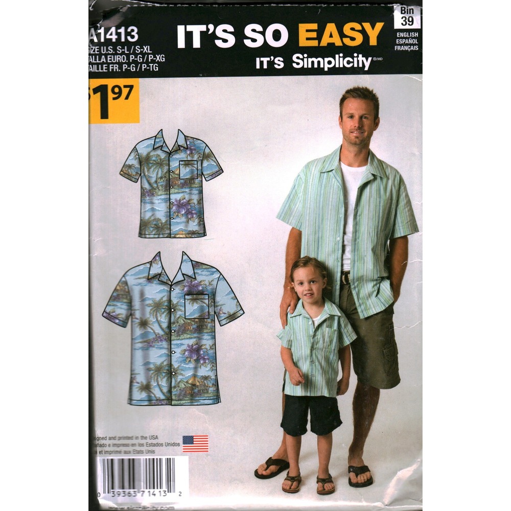 Simplicity A1413 Sewing Pattern Mens Boys Short Sleeve Button Down Shirt S-XL